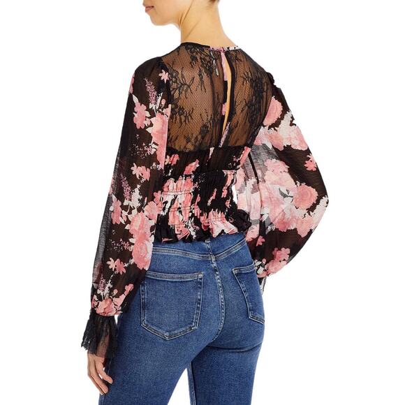 Free People Daphne Lace Black White Pink Long Sleeve Sheer Detail Blouse Size XS - Picture 5 of 5
